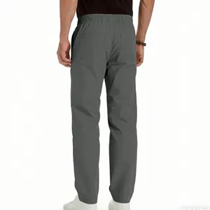 Back view of men's grey casual loose straight trousers with elastic waist and pockets