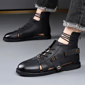 Black high-top Roman hollow-out sandals for men with back zipper closure