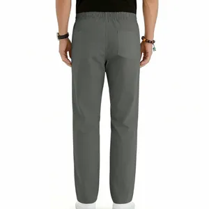 Back view of grey men's casual straight-leg pants with elastic waist and pockets