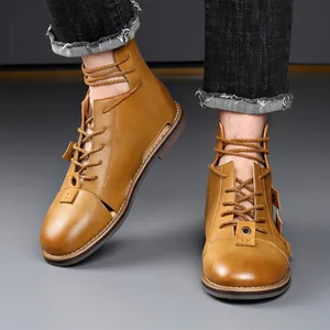 Men's retro tan high-top cutout Roman sandals with back zipper and lace-up design