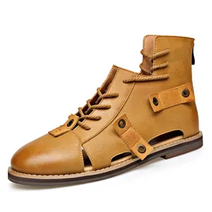 Retro high-top men's Roman cutout sandals with back zipper in brown leather style