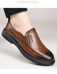 Close-up detail of men's business casual brown gradient leather loafers with black sole