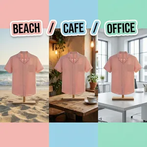 Camisa rosa de cuello cubano para hombre en ambientes de playa, café y oficina