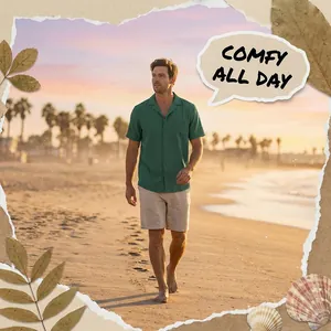 Modelo masculino con una camisa cubana verde texturizada en una playa al atardecer.