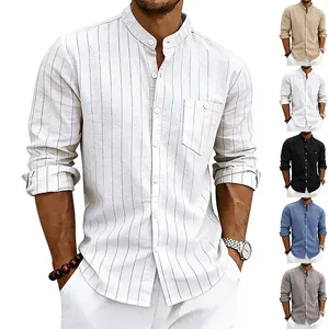 Heren Casual Linnenmix Overhemd Opstaande Kraag Lange Mouw Gestreepte Jacquard Overhemd Ruim Button Down Overhemd Met Zak Voor Zomer