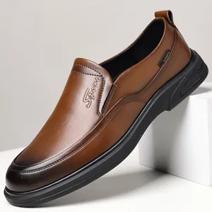Mens brown leather business casual loafers slip-on shoes with gradient toe design