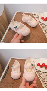 Adorable breathable pink mesh baby girl princess shoes with delicate lace and cherry decor
