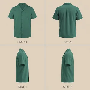 Vistas multiángulo de camisa verde de manga corta con cuello cubano para hombre con textura.