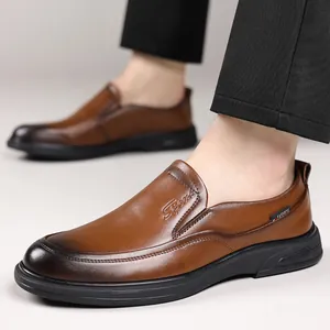 Men's brown business casual slip-on loafers with burnished toe and black sole