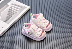 Detailed view of pink toddler sandals featuring a cute glowing cartoon bear decoration