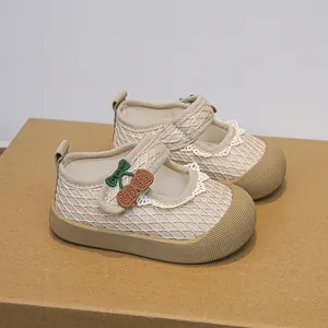 Baby Girls Mesh Breathable Princess Shoes Cherry Lace Trim Non-Slip Rubber Sole First Walkers Toddler Soft Sole Sandals