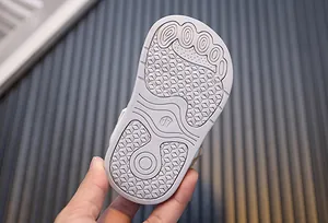Macro detail of toddler sandal sole featuring anti-slip foot pattern and size 17