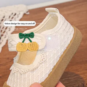 Breathable beige mesh princess flat for toddler girls with cute cherry embroidery