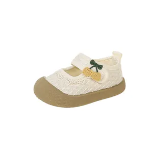 Breathable mesh baby girl princess shoes with cute cherry decoration and non-slip sole