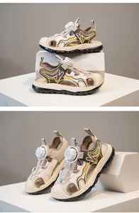 Detailed view of beige children's outdoor sandals featuring a quick rotary buckle