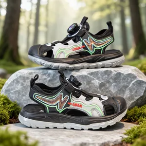 Supportive outdoor kids' sandals for boys with orthopedic arch support in a forest setting.
