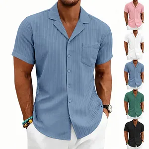 Camisa Casual de Manga Corta para Hombre Cuello Cubano Ajuste Holgado Textura de Ola Color Sólido Top de Vacaciones