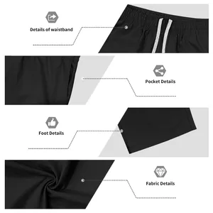 Detaillierte Nahaufnahmen von Bund, Taschen und Material der schwarzen Outdoor-Freizeithose