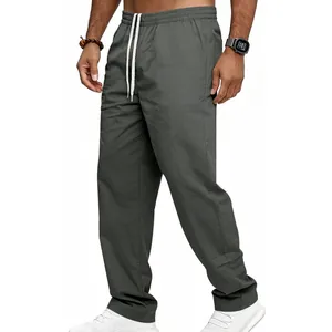 Seitenansicht graue Herren-Freizeithose mit geradem Bein und Tunnelzugbund.