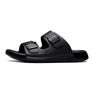 Vue latérale de sandales noires pour hommes avec brides texturées et boucles réglables.