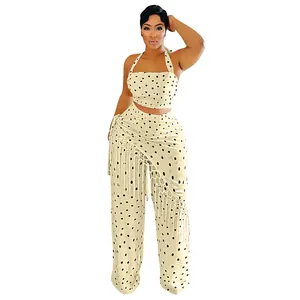 Ensemble chic haut dos nu à pois crème et pantalon large à franges pour femmes