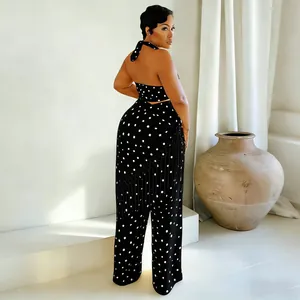 Vue arrière détaillée du haut licou à pois et du pantalon large à franges assorti