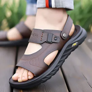 Sandales en Cuir Véritable pour Hommes Été Respirant Chaussures de Plage Décontracté Antidérapant Semelle Epaisse Deux Façons de Porter Claquettes Homme Brun Noir