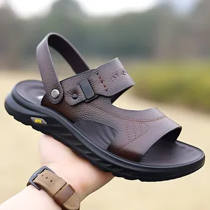 Sandales décontractées en cuir marron pour hommes avec semelle antidérapante pour l'été
