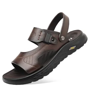 Sandales confortables en cuir marron respirant pour hommes avec semelle antidérapante d'été