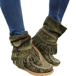 Bottines à franges en daim vert pour femmes avec bout rond et semelle plateforme confortable