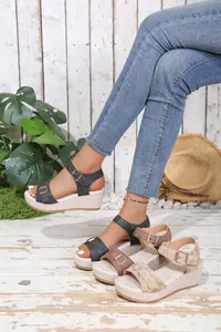 Close-up of stylish women's platform sandals with buckle straps in black and tan colors.