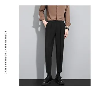 Slim fit business dress pants for men showing the straight leg and cropped ankle design