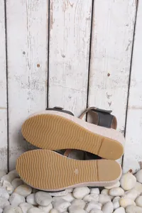 Detailed view of durable anti-slip wavy rubber sole on stylish platform wedge sandals