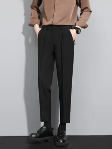 Men's slim fit business casual black cropped straight trousers with drape fabric