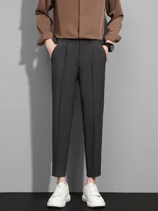 Men's slim fit business stretch trousers in dark grey with a stylish straight nine-point leg design