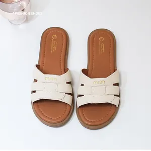 Eleganti ciabatte piatte intrecciate beige per bambine, scarpe estive casual color crema