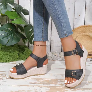 Casual women's platform wedge sandals with adjustable ankle buckle straps and open toe design