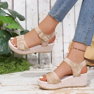 Stylish women's spring summer peep toe wedge sandals with buckle straps and platform base.