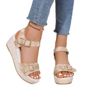 Elegant beige women's wedge platform sandals with glitter finish and buckle straps
