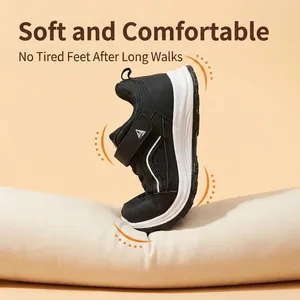 Breathable black mesh walking shoes with flexible, soft white shock-absorbing sole