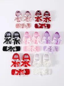 Multiple colors of newborn baby soft sole shoes and lace headband sets for special occasions