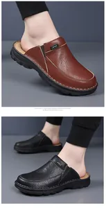 Ανδρικές casual δερμάτινες παντόφλες με χοντρή σόλα σε καφέ και μαύρο χρώμα για έξω
