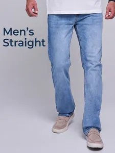 Men Casual Cotton Denim Straight Fit Jeans Washed Faded Long Pants Smoky Gray Light Blue Summer Denim Trousers For Everyday Wear