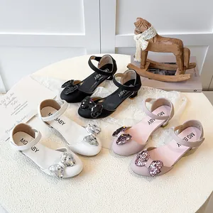 Scarpe Principessa Ragazze Paillettes Fiocco Scarpe Tacco Alto Bambini Sandali Festa Punta Chiusa Moda Scarpe in Microfibra