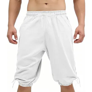 Men's vintage medieval Viking drawstring shorts in white linen style for summer casual wear.