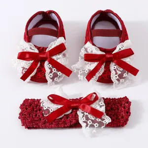 Newborn Baby Soft Sole Shoes And Headband Set Mesh Lace Satin Bowknot Princess Dress Shoes For Infants Celebration