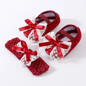 Red lace baby shoes and headband set with bows for newborn girls' formal wear