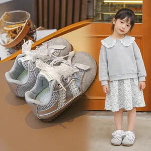 Baskets argentées pour filles avec rubans en dentelle et nœud, chaussures décontractées