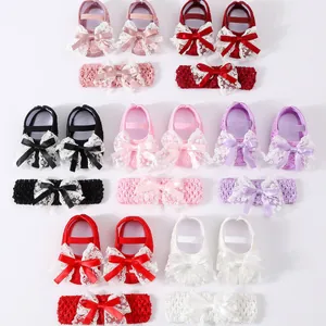 Newborn baby soft sole shoes and matching lace headband set for 0-1 year old