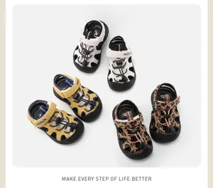 Variety of baby outdoor beach sandals in cream, yellow, and leopard print